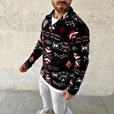Erkek Yarım Fermuarlı Desenli Polar Sweat Tribal Etnik Desen Yakalı, Uzun Kollu, Oversize Rahat Kalıp, - Siyah