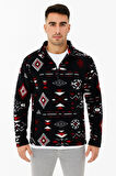 Erkek Yarım Fermuarlı Desenli Polar Sweat Tribal Etnik Desen Yakalı, Uzun Kollu, Oversize Rahat Kalıp, - Siyah