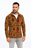 Erkek Yarım Fermuarlı Desenli Polar Sweat Tribal Etnik Desen Yakalı, Uzun Kollu, Oversize Rahat Kalıp, - Kahverengi