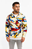 Erkek Yarım Fermuarlı Desenli Polar Sweat – Renkli Abstract Desen Yakalı, Uzun Kollu, Oversize Rahat Kalıp,  - Beyaz