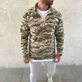 Erkek Yarım Fermuarlı Desenli Polar Sweat – Haki Kamuflaj Yakalı, Uzun Kollu, Oversize Rahat Kalıp - Haki