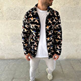 Erkek Tam Fermuarlı Desenli Polar Sweat – Siyah Multicolor Figür Desen Yakalı, Uzun Kollu, Oversize Rahat Kalıp- Siyah