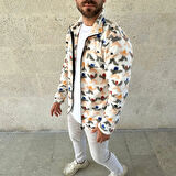 Erkek Tam Fermuarlı Desenli Polar Sweat – Siyah Multicolor Figür Desen Yakalı, Uzun Kollu, Oversize Rahat Kalıp- Beyaz