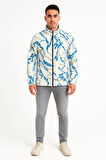 Erkek Tam Fermuarlı Desenli Polar Sweat  Lightning Desen Yakalı, Uzun Kollu, Oversize Rahat Kalıp - Beyaz
