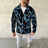 Erkek Tam Fermuarlı Desenli Polar Sweat Lightning Desen Yakalı, Uzun Kollu, Oversize Rahat Kalıp - Siyah