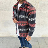 Erkek Desenli Polar Gömlek – Etnik Şerit Desen Yakalı, Uzun Kollu, Düğmeli, Oversize Rahat Kalıp - Füme