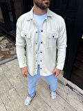 Erkek Diagonal Kumaş Cepli Çıtçıtlı uzun Kollu, Gömlek Oversize Rahat Kalıp Günlük Şık Stil - Beyaz