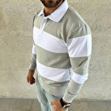 Erkek Polo Yaka Uzun Kollu Çizgili Sweatshirt Trend Rugby Stil - Mint Yeşili