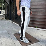 Erkek Üç İplik Kışlık Pamuklu Yandan Garneli Kalın Şeritli Cepli Eşofman Altı - Beyaz