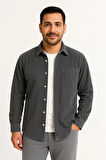Erkek Fitilli Kadife Cepli Gömlek Oversize Rahat Kalıp - Füme