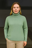 Kadın Balıkcı Yaka Bağazlı Triko Kazak Pamuklu Kalın Fitilli Dokuma - Mint Yeşili