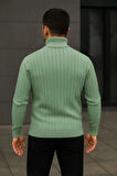 Erkek Balıkcı Yaka Bağazlı Triko Kazak Pamuklu Kalın Fitilli Dokuma, Regular Fit Uzun Kollu Kışlık Model - Mint Yeşili