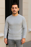 Erkek Bisiklet Yuvarlak Yaka Triko Kazak Pamuklu Kalın Fitilli Dokuma, Regular Fit Uzun Kollu Kışlık Model - Gri