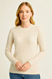 Kadın Bisiklet Yuvarlak Yaka Triko Kazak Pamuklu Kalın Fitilli Dokuma, Regular Fit Uzun Kollu Kışlık Model - Bej