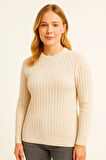 Kadın Bisiklet Yuvarlak Yaka Triko Kazak Pamuklu Kalın Fitilli Dokuma, Regular Fit Uzun Kollu Kışlık Model - Bej