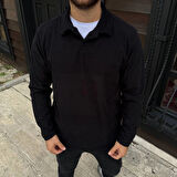 Erkek Fitilli Polar Sweatshirt – Düğmesiz Polo Yaka, Oversize Rahat Kalıp, Kalın Polar Kumaş, Kışlık ve Baharlık Şık Günlük Üst - Siyah