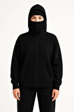 Kadın Samuray Ninja Çift Kapşonlu ZIP Fermuarlı Kanguru Çepli Hoodie Maske detaylı Swetshirt - Siyah