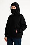 Kadın Samuray Ninja Çift Kapşonlu ZIP Fermuarlı Kanguru Çepli Hoodie Maske detaylı Swetshirt - Siyah