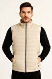 Erkek Şişme Fermuarlı Yelek Su itici Kapitone Astarlı Kumaş Cepli Hafif Kışlık Spor Rahat Kalıp -Bej