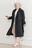 Kadın Kaşe Kaban – Uzun Boy 115 cm Kruvaze Yaka Kuşaklı Astarlı Kışlık Tesettür Kaban, Yünlü Dokuma Kaşmir Kumaş, Cepli Oversize Rahat Kalıp Şık Modern Kaban Mont Modeli (Günlük ve Özel Gün Kombinlerine Uygun) - Siyah