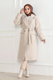 Kadın Kaşe Kaban – Uzun Boy Kruvaze Yaka Kuşaklı Tesettür Kaşe Kışlık Kaban, Astarlı Şık Yünlü Dokuma Oversize Rahat Kalıp Cepli Düğmeli Modern Kap Modeli - Bej