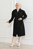 Kadın Kaşe Kaban – Uzun Boy Kruvaze Yaka, Kuşaklı Tesettür Kışlık Kaban, Astarlı Şık Yünlü Dokuma Oversize Rahat Kalıp, Cepli Modern Kaşe Mont Modeli - Siyah