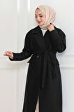 Kadın Kaşe Kaban – Uzun Boy Kruvaze Yaka, Kuşaklı Tesettür Kışlık Kaban, Astarlı Şık Yünlü Dokuma Oversize Rahat Kalıp, Cepli Modern Kaşe Mont Modeli - Siyah