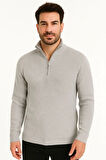 Erkek Yarım Fermuarlı Triko Kazak – Selanik Örgü, Dik Yaka, Pamuklu Dokuma, Regular Fit Uzun Kollu Kışlık Model - Gri