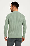 Erkek Bisiklet Yuvarlak Yaka Triko Kazak Pamuklu Kalın Fitilli Dokuma, Regular Fit Uzun Kollu Kışlık Model - Mint Yeşili