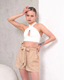 Kuşaklı keten şort bej s255265