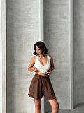 Volanlı keten şort kahve s255058