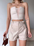 Tüllü deri crop bej w24615