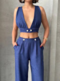Crop pantolon keten takım s255012