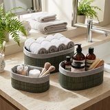 GRİ 3 BOY OVAL BAMBU KENAR ORGANİZER SEPET AHŞAP ALTLIK - BEZLİ 12X21-16X25-20X30CM