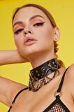 Halka Ve Zincir Detaylı Geniş Şerit Deri Choker
