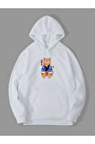 3 İplik Anime Kedi Baskılı Beyaz Kanguru Cepli Kapüşonlu Sweatshirt Hoodie | M