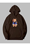 Üç İplik Anime Kedi Baskılı Unisex Sweatshirt Hoodie | M