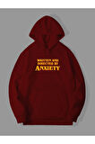 3 İplik Anksiyete Baskılı Kanguru Cepli Kapüşonlu Sweatshirt Hoodie | XL