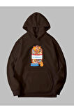 Üç İplik Antidepresan Kedi Baskılı Unisex Kahverengi Kanguru Cepli Kapüşonlu Sweatshirt Hoodie | M