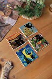 Atölye Sanat ve Kedi Temalı Bardak Altlığı 4’lü Set Doğal Taş (10x10 cm)