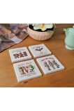 Atölye “Christmas Girly” Temalı Bardak Altlığı 4’lü Set Doğal Taş Traverten (10x10 cm)