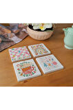 Atölye Yılbaşı Temalı Renkli Bardak Altlığı 4’lü Set Doğal Taş Traverten (10x10 cm)