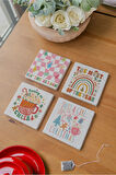 Atölye Yılbaşı Temalı Renkli Bardak Altlığı 4’lü Set Doğal Taş Traverten (10x10 cm)