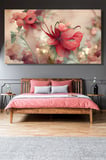 Duvar Tablosu Panoramik Yatay Kanvas Tekli Salon Yatak Odası Ofis 3D Floral Pembe Çiçek