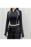 Y2K Harajuku Fermuar Detay Uzun Kol Crop Top