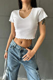 Likrasız Ribana Kolu Fırfırlı Crop Top