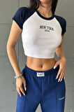 New York Baskılı Garnili Ribana Crop