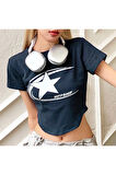 Y2K Lacivert Cosmos Star Graphic Kısa Kollu Crop Top