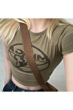 Y2K Haki Admim Star World Kısa Kol Crop Top