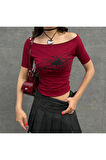 Bordo Black Widow Omuzu Açık Spider Kısa Kollu Crop